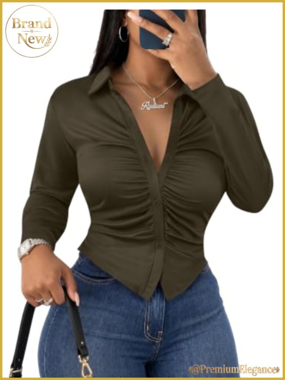 Women's Long Sleeve Button Down Blouse V-Neck Slim Fit Top